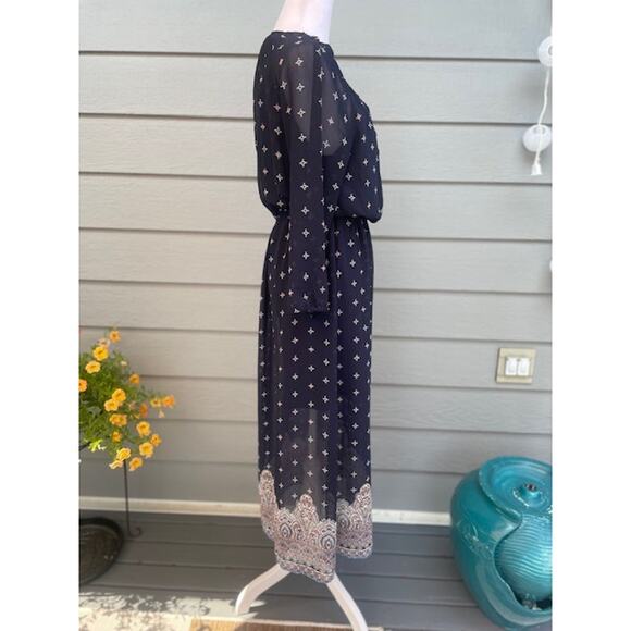 DR2 Size Petite Small Midi Dress Navy Blue Print Long-Sleeve‎ - Picture 3 of 6